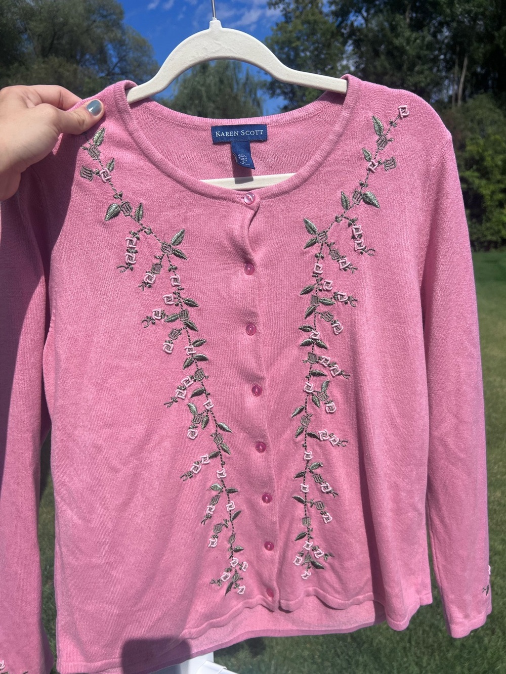 Karen Scott Pink Embroidered Floral Cardigan Sweater Sz L